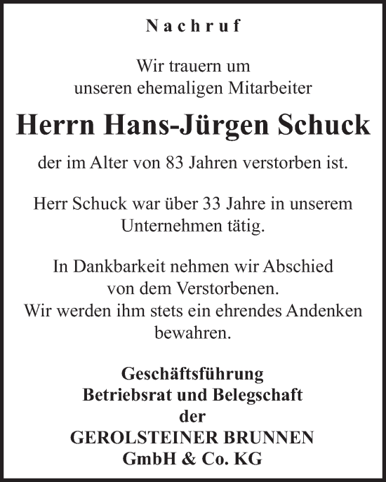 Traueranzeige von Hans-Jürgen Schuck von WochenSpiegel