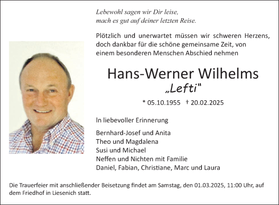 Traueranzeige von Hans-Werner Wilhelms von WochenSpiegel