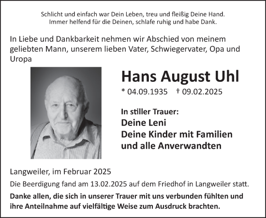 Traueranzeige von Hans August Uhl von WochenSpiegel