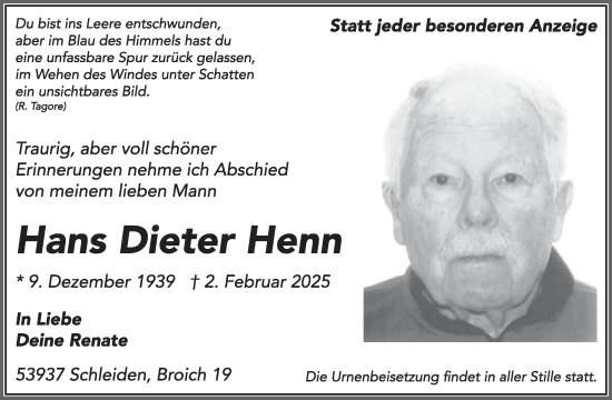 Traueranzeige von Hans Dieter Henn von WochenSpiegel