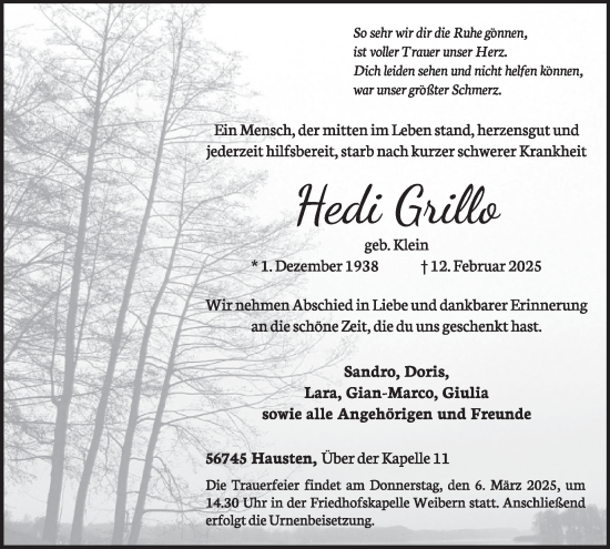 Traueranzeige von Hedi Grillo geb. Klein von WochenSpiegel