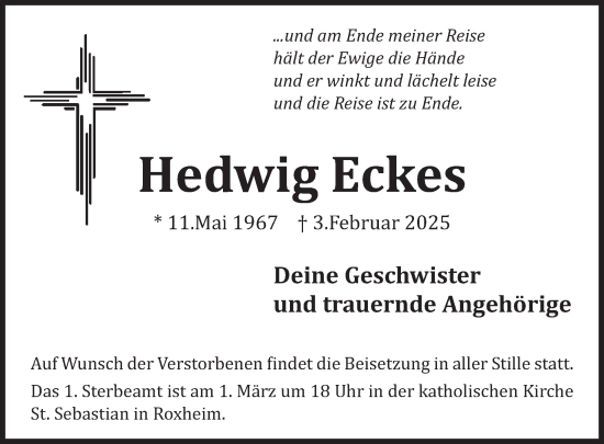 Traueranzeige von Hedwig Eckes von WochenSpiegel