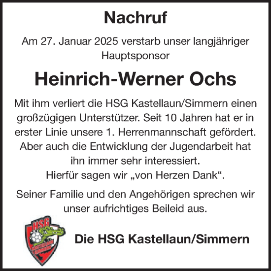 Traueranzeige von Heinrich-Werner Ochs von WochenSpiegel