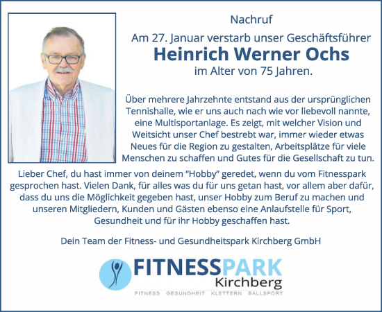 Traueranzeige von Heinrich Werner Ochs von WochenSpiegel