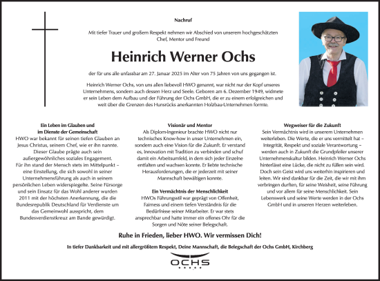 Traueranzeige von Heinrich Werner Ochs von WochenSpiegel