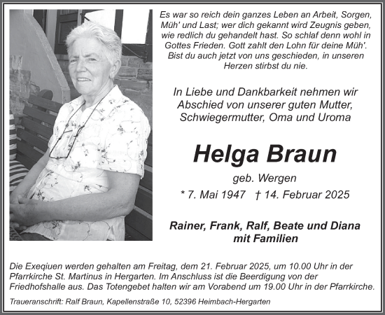 Traueranzeige von Helga Braun von WochenSpiegel