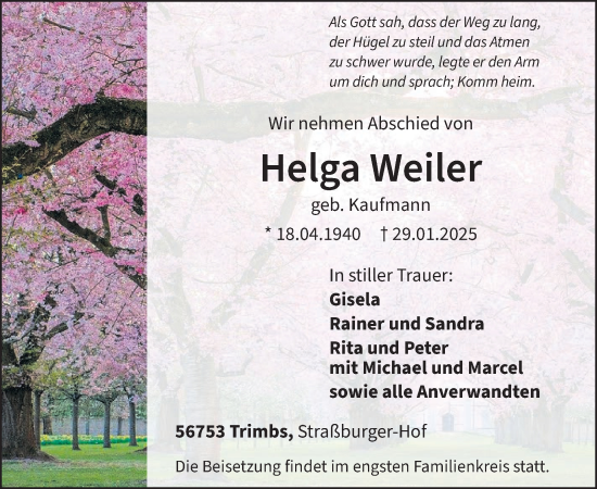 Traueranzeige von Helga Weiler von WochenSpiegel