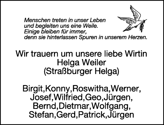 Traueranzeige von Helga Weiler von WochenSpiegel
