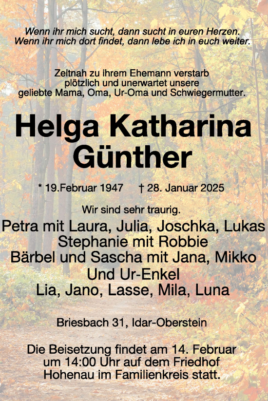 Traueranzeige von Helga Katharina Günther von WochenSpiegel