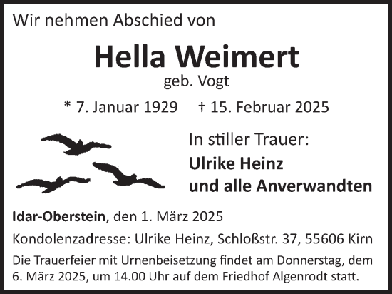Traueranzeige von Hella Weimert von WochenSpiegel