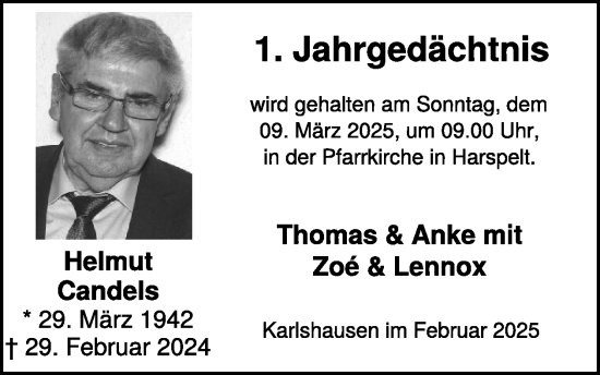 Traueranzeige von Helmut Candels von WochenSpiegel