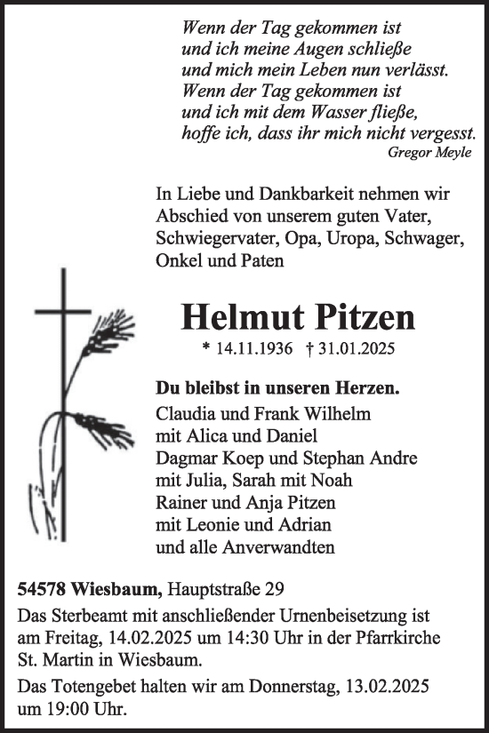 Traueranzeige von Helmut Pitzen von WochenSpiegel