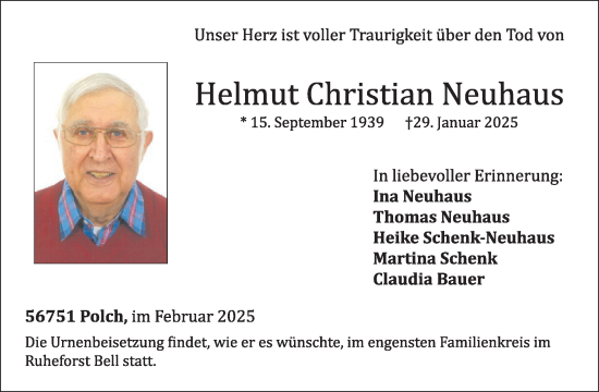 Traueranzeige von Helmut Christian Neuhaus von WochenSpiegel