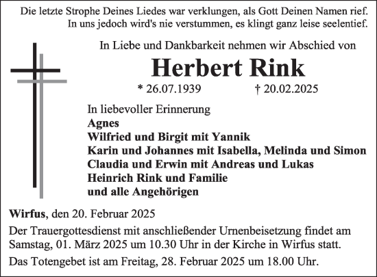 Traueranzeige von Herbert Rink von WochenSpiegel