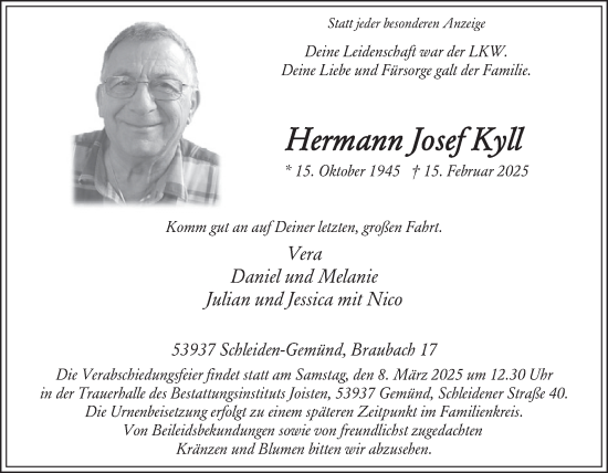 Traueranzeige von Hermann Josef Kyll von WochenSpiegel