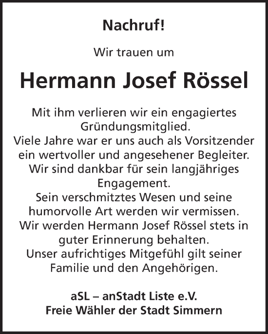 Traueranzeige von Hermann Josef Rössel von WochenSpiegel