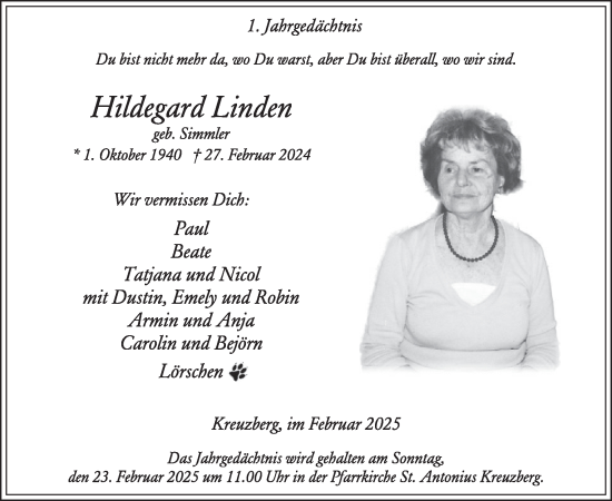 Traueranzeige von Hildegard Linden von WochenSpiegel