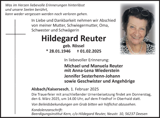 Traueranzeige von Hildegard Reuter von WochenSpiegel