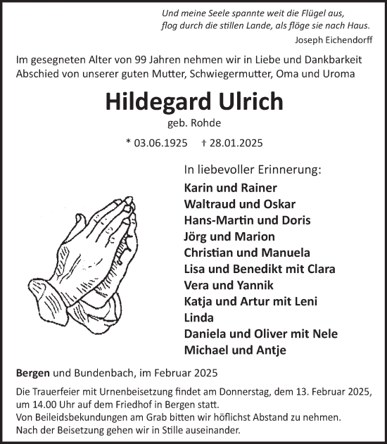 Traueranzeige von Hildegard Ulrich von WochenSpiegel