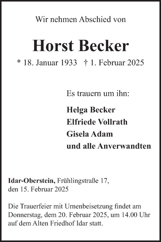 Traueranzeige von Horst Becker von WochenSpiegel