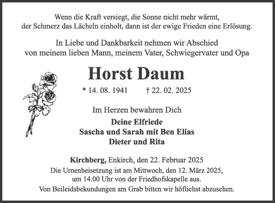 Traueranzeige von Horst Daum von WochenSpiegel