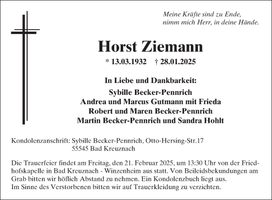 Traueranzeige von Horst Ziemann von WochenSpiegel