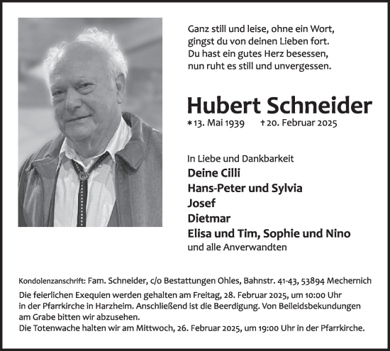 Traueranzeige von Hubert Schneider von WochenSpiegel