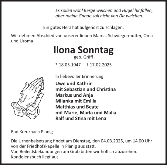 Traueranzeige von Ilona Sonntag von WochenSpiegel