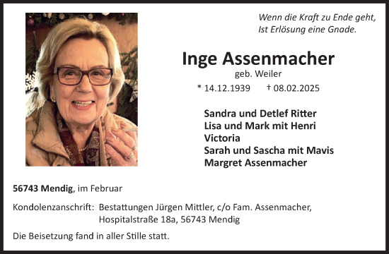 Traueranzeige von Inge Assenmacher von WochenSpiegel