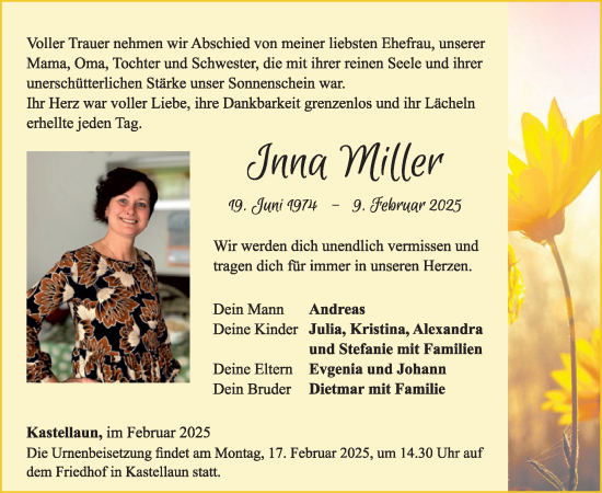 Traueranzeige von Inna Miller von WochenSpiegel