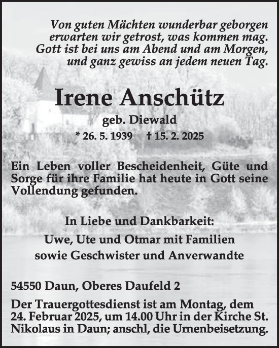 Traueranzeige von Irene Anschütz von WochenSpiegel