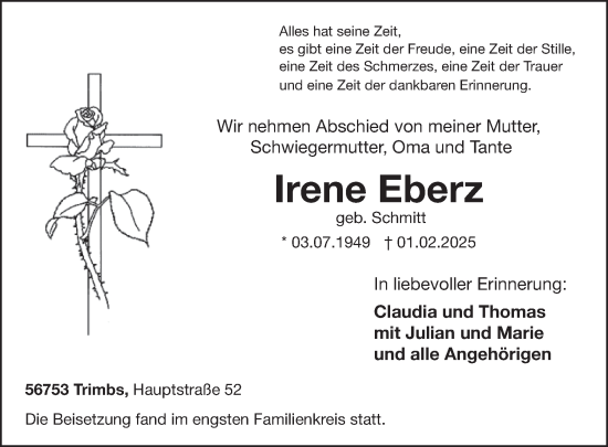 Traueranzeige von Irene Eberz von WochenSpiegel