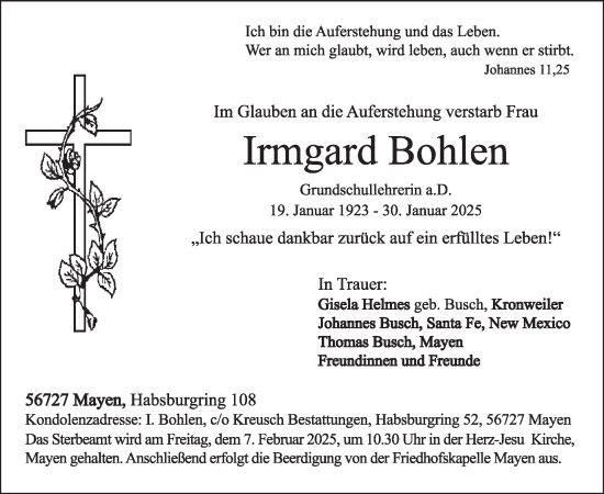 Traueranzeige von Irmgard Bohlen von WochenSpiegel