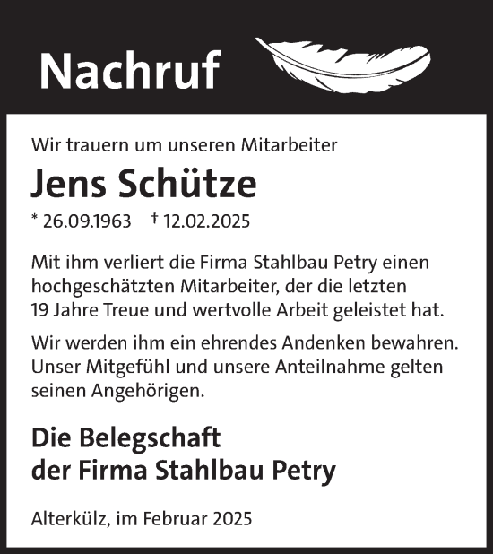 Traueranzeige von Jens Schütze von WochenSpiegel