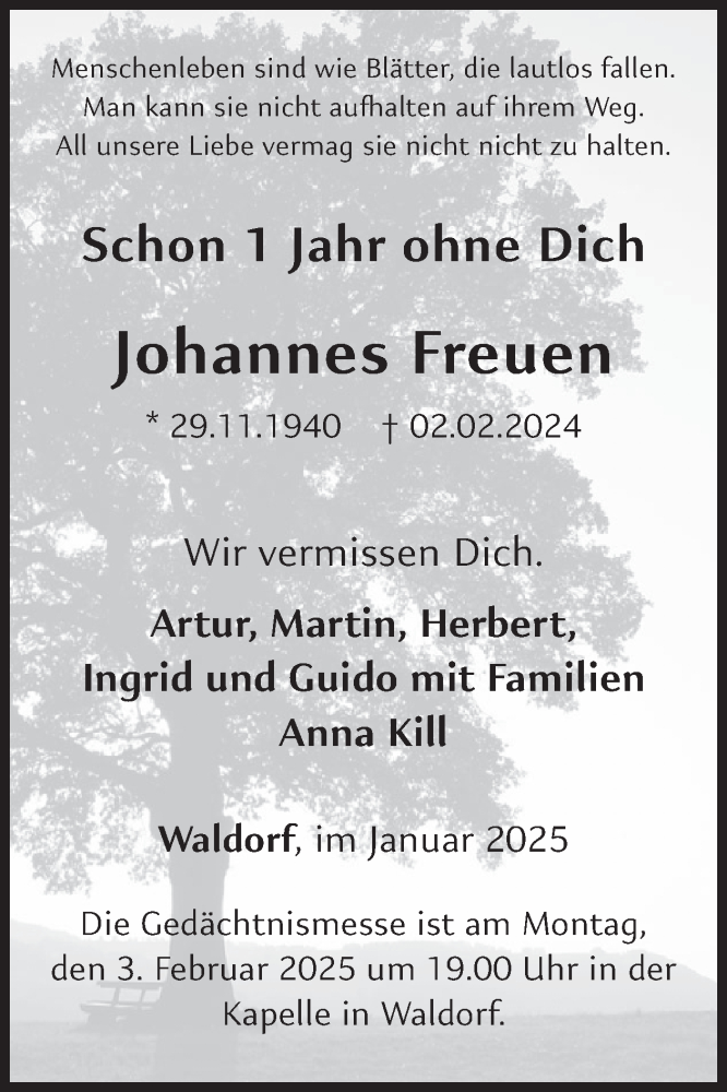  Traueranzeige für Johannes Freuen vom 01.02.2025 aus WochenSpiegel