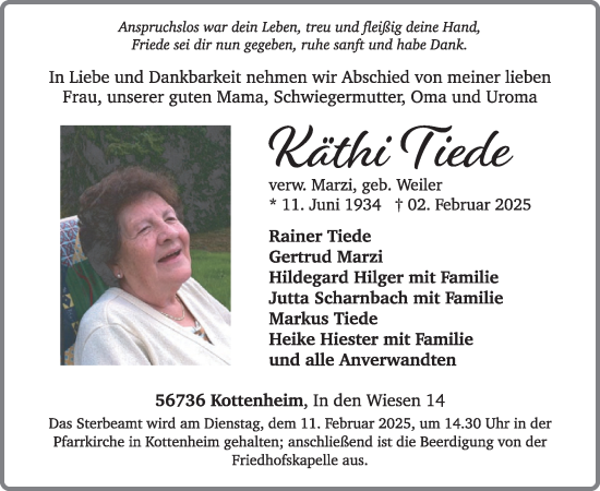 Traueranzeige von Käthi Tiede von WochenSpiegel