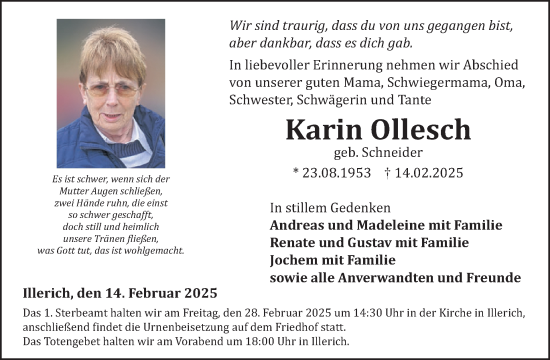Traueranzeige von Karin Ollesch von WochenSpiegel