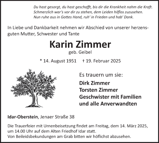 Traueranzeige von Karin Zimmer von WochenSpiegel