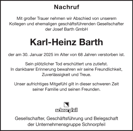 Traueranzeige von Karl-Heinz Barth von WochenSpiegel