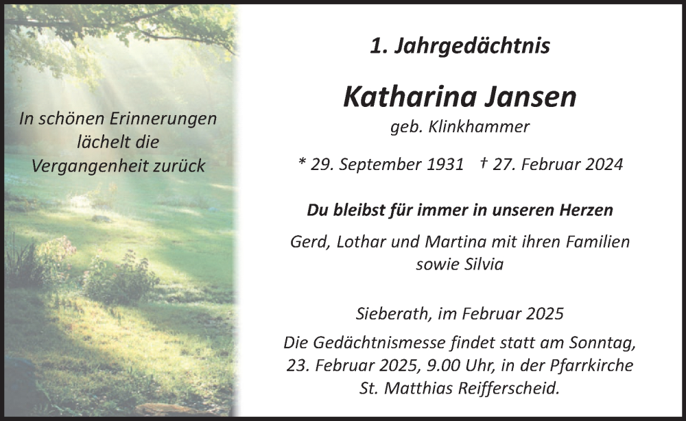  Traueranzeige für Katharina Jansen vom 19.02.2025 aus WochenSpiegel