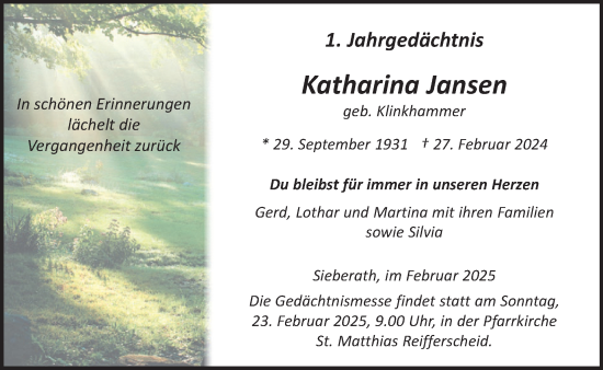 Traueranzeige von Katharina Jansen von WochenSpiegel