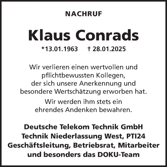 Traueranzeige von Klaus Conrads von WochenSpiegel