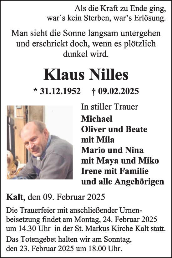 Traueranzeige von Klaus Nilles von WochenSpiegel