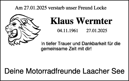 Traueranzeige von Klaus Wermter von WochenSpiegel