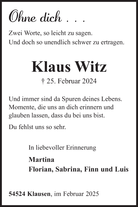 Traueranzeige von Klaus Witz von WochenSpiegel