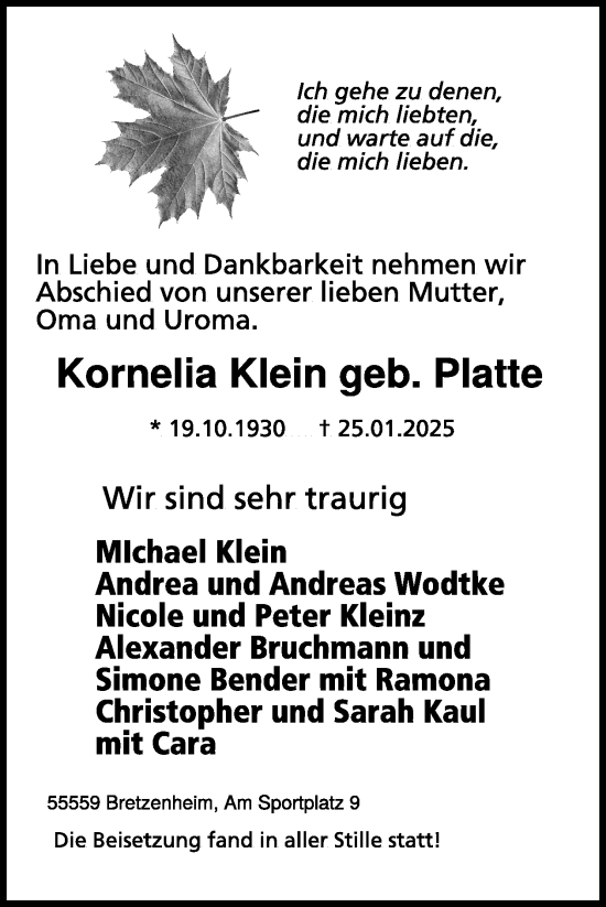 Traueranzeige von Kornelia Klein von WochenSpiegel