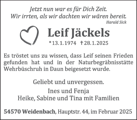 Traueranzeige von Leif Jäckels von WochenSpiegel