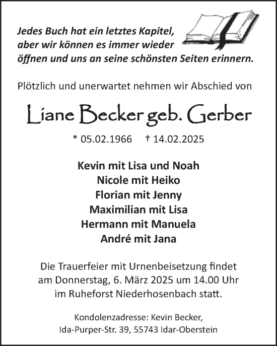 Traueranzeige von Liane Becker von WochenSpiegel