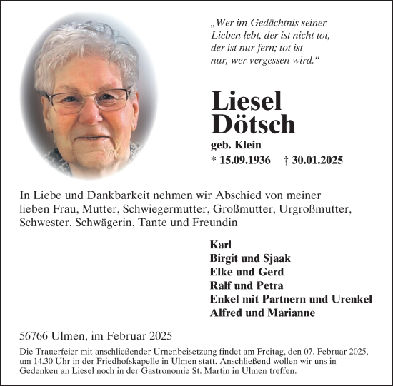 Traueranzeige von Liesel Dötsch von WochenSpiegel