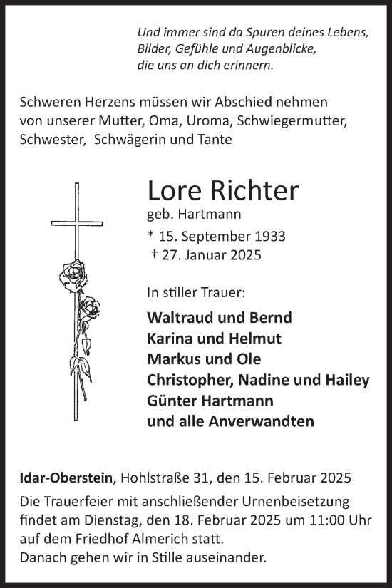 Traueranzeige von Lore Richter von WochenSpiegel